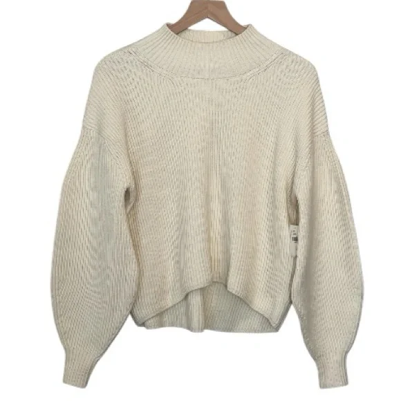NWT Anthropologie Maeve Ivory Rib Knit Sweater, Mock Neck, Balloon Sleeves,Small - Picture 2 of 15